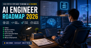 AI Engineer Roadmap illustration showing an AI engineer working with machine learning models, Python code, and AI development tools in a modern workspace