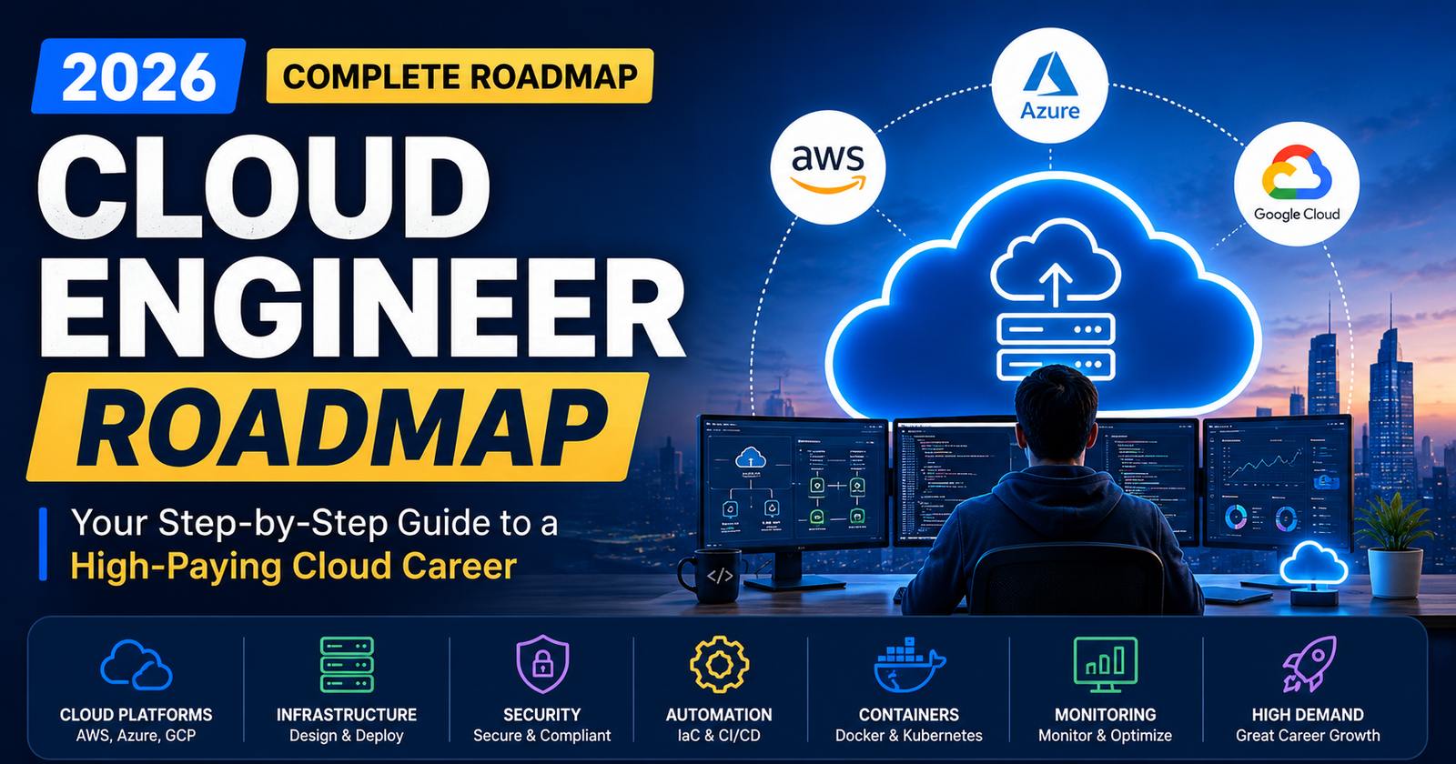Cloud Engineer Roadmap 2026 infographic showing the step-by-step learning path, AWS, Microsoft Azure, Google Cloud, Docker, Kubernetes, Terraform, and cloud career progression.