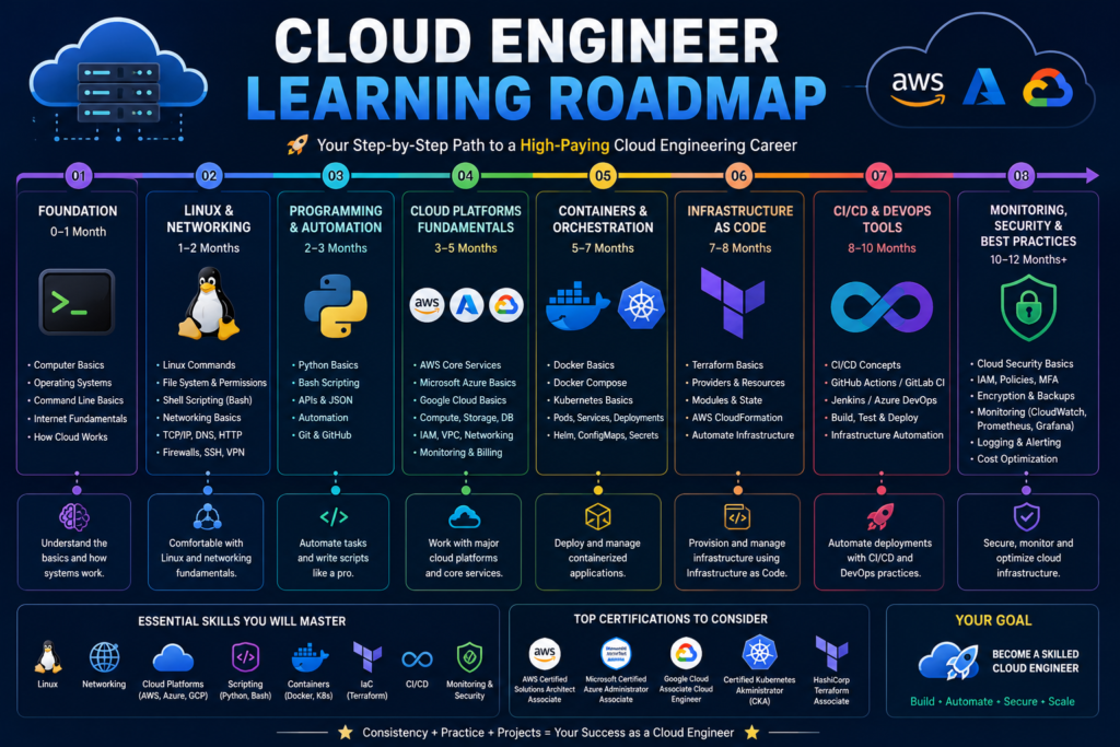 Cloud Engineer Learning Roadmap infographic showing the step-by-step timeline from computer fundamentals and Linux to AWS, Azure, Google Cloud, Docker, Kubernetes, Terraform, CI/CD, cloud security, and becoming a Cloud Engineer.