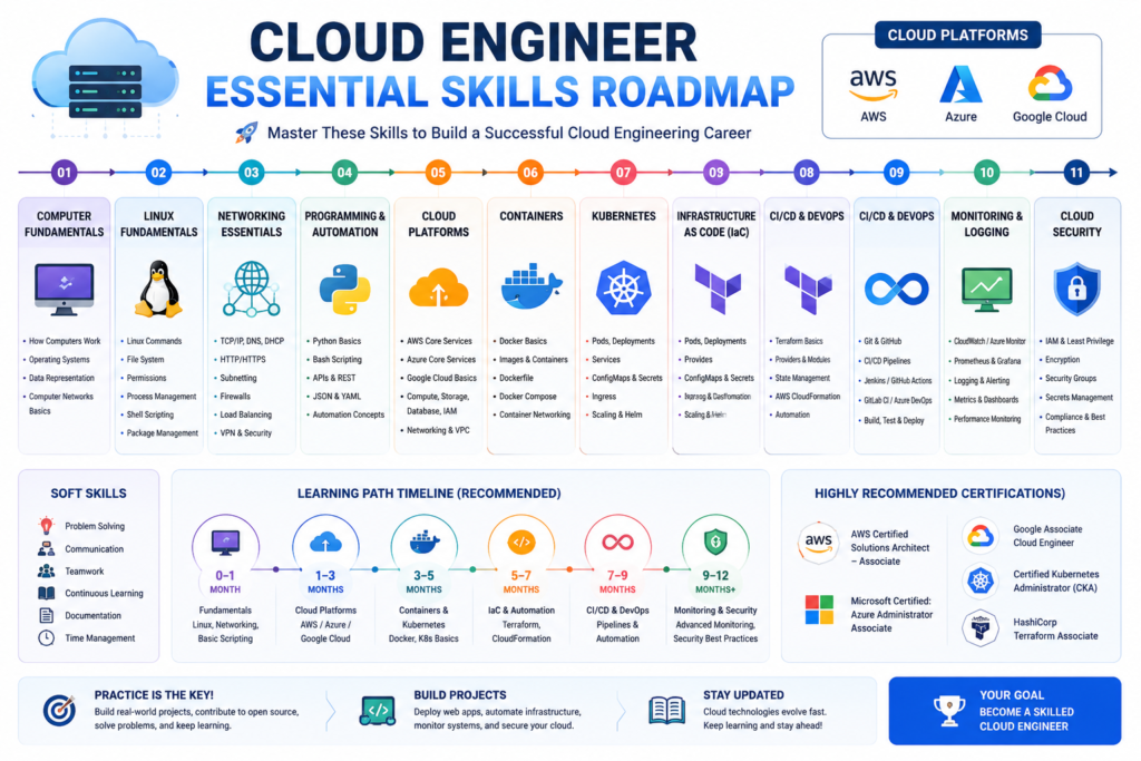 Cloud Engineer Essential Skills Roadmap infographic highlighting the core skills required to become a Cloud Engineer, including Linux, networking, Python, AWS, Microsoft Azure, Google Cloud, Docker, Kubernetes, Terraform, CI/CD, monitoring, and cloud security.