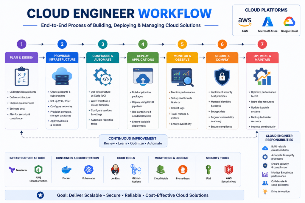 Cloud Engineer Workflow process diagram illustrating the complete cloud engineering lifecycle, including planning, infrastructure provisioning, automation, application deployment, monitoring, security, optimization, and continuous improvement using AWS, Azure, Google Cloud, Docker, Kubernetes, Terraform, and CI/CD.